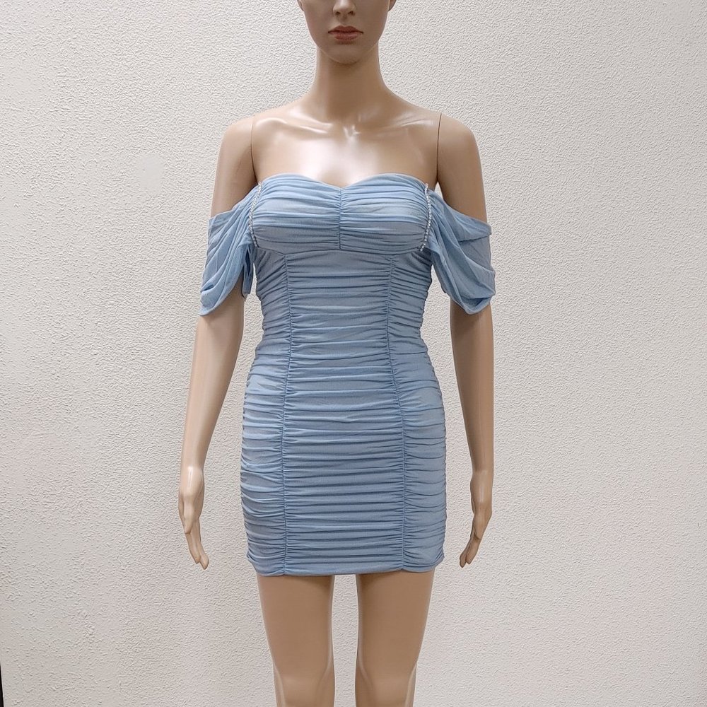 LIGHT BLUE MINI MESH STRAPLESS DRESS BY FASHION NOVA SIZE S